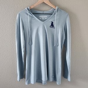 Life is Good Shirt Size Medium Long Sleeve Hooded Tee Lightweight Hoodie Blue
